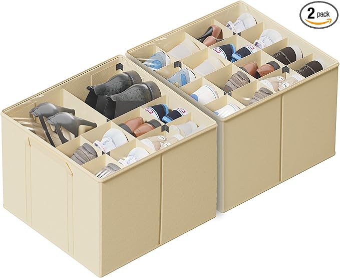 SUOCO 2 Pack Shoe Organizer for Closet, Fits up to 32 Pairs, Small Space Shoe Storage Boxes Bins Containers w/Adjustable Dividers and Clear Top, Black, Beige