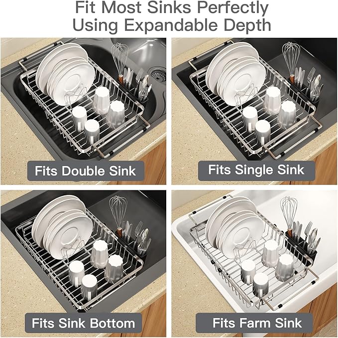 MAJALiS Over The Sink Dish Drying Rack for Small Kitchen Counter Space Saving, Expandable Stainless Steel Compact RV Plate Drain Strainer in Silver Wire Metal with Hanging Adjustable Utensil Holder