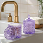 2 Pack Qtip Holder Thick Glass Apothecary Jars with Lid for Bathroom Decor Storage Organizer for Cotton Swabs, Balls, Pads, Floss Picks, Candy, Jewelry, Purple
