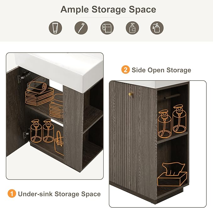 21.6" Small Fluted Bathroom Vanity with Sink,Soft Closing Doors and Storage Shelves,Natural Wood Single Bathroom Sink Cabinet Combo Freestanding,Dark Grey