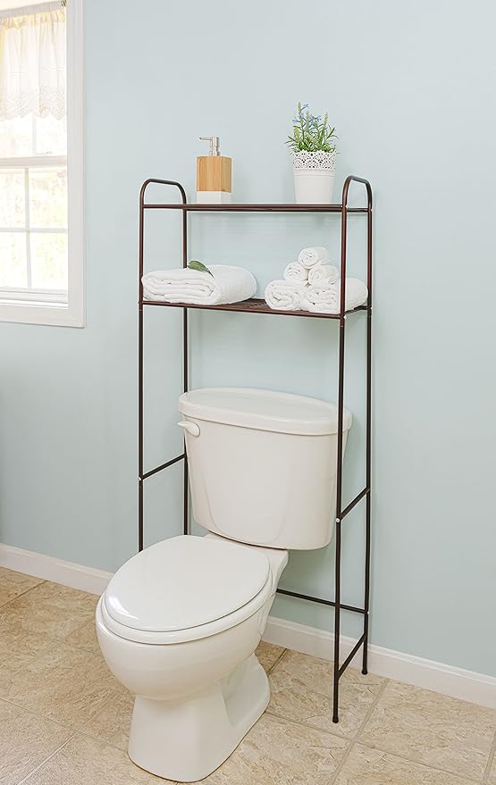 Home Basics 2 Tier Over The Toilet Bathroom Space Saver, Metal Bathroom Shelf Storage Unit, Anti-rust (Bronze)