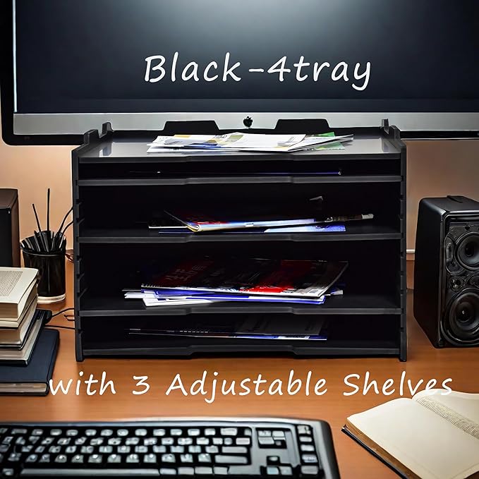 4 Tier Adjustable Shelves Office Desk Organizer,Wooden Desk File Organizer, Letter Tray, Document Letter Mail Tray Sorter, White/Black (Black-4tray(with 3 Adjustable Shelves))