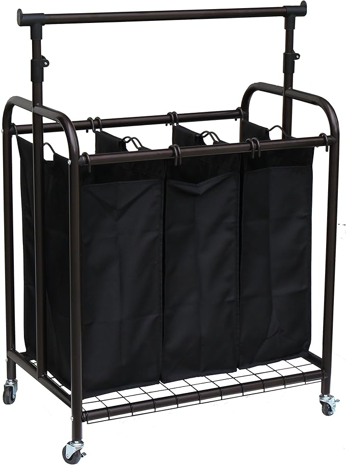 Oceanstar TLS1385 3-Bag Rolling Adjustable Hanging Bar Laundry Sorter, Bronze