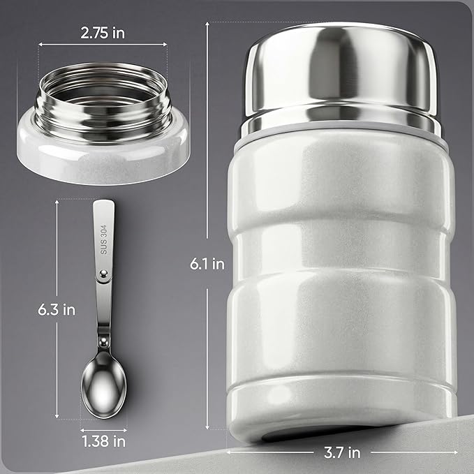 Earth&ME 17 OZ Soup Thermo for Hot & Cold Food for Kids, Vacuum Insulated Steel Lunch Container, Kids Wide Mouth Bento Thermal Food Jar, Warm Food Lunchbox Thermo Bowls with Spoon (Shimmer White)