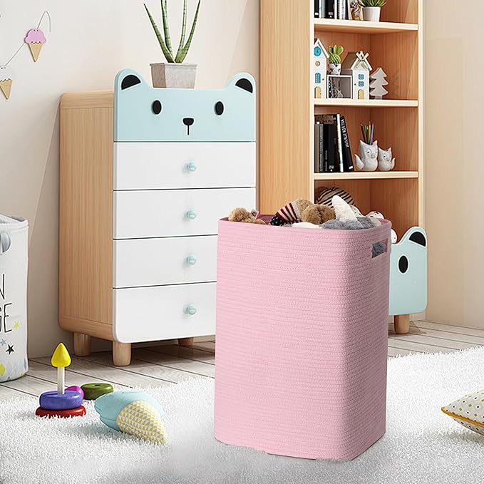 Large Laundry Hamper 16"x13"x22" - Tall Woven Laundry Basket, Cotton Rope Dirty Clothes Hamper, Baby Kids Nursery Wicker Laundry Basket, Bedroom Aesthetic, Soft Laundry Bin, Pink Hamper, 75L