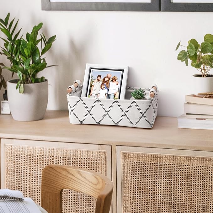 Small Storage Basket for Organizing,Fabric Bathroom Toilet Paper Basket for Tank Top,Decorative Countertop Shelf Cabinet Organizer for Bedroom Livingroom Nursery Boho Home Décor 12.5"×7"×4.5", White
