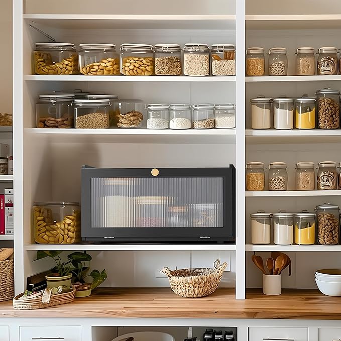 Black Bread Box for Kitchen Countertop - Modern bamboo Bread box with Window Bread Storage Container