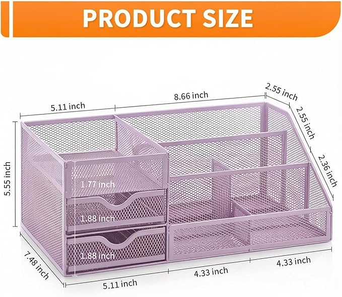 Lavatino Mesh Desk Organizer with 6 Compartments & 2 Drawers, Larger Multi-functional Desktop and Workspace Accessories Organizer for Office, Classroom, Dorm Supplies (Purple)