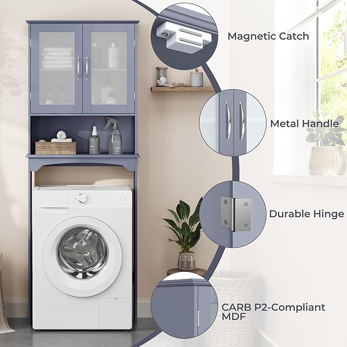 Yaheetech Over The Toilet Storage Cabinet, Free Standing Toilet Rack with Adjustable Shelves and Tempered Glass Doors for Bathroom Washroom, Grey