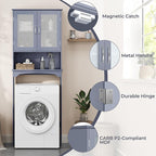 Yaheetech Over The Toilet Storage Cabinet, Free Standing Toilet Rack with Adjustable Shelves and Tempered Glass Doors for Bathroom Washroom, Grey