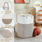 Laundry Basket,Woven Cotton Rope Laundry Hamper,Versatile Storage for Dirty Clothes,Baby Toys,and Blankets in Bathroom, Nursery,and Living Room (Brown, 100L)