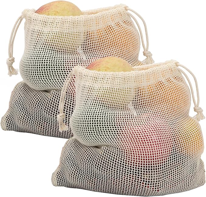 2pcs Reusable Cotton Mesh Produce Bags - Drawstring Closure for Fruits & Vegetables - Eco - Friendly & Durable(2 pcs mesh bag)