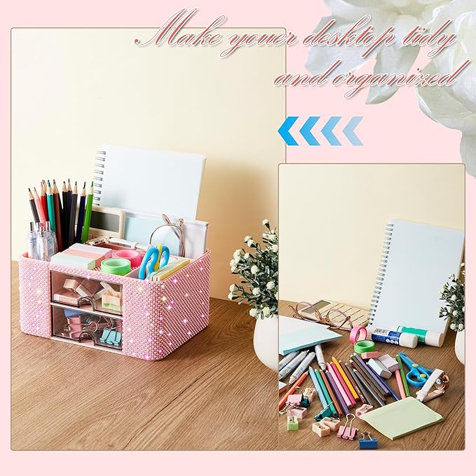 Pink Bling Desk Organizer with 2 Drawer, Sparkly Makeup Organizer for Vanity, Girly Desk Accessories, Rhinestone Pen Holder, Elevate Your Workspace with Pink Serenity (Pearl)