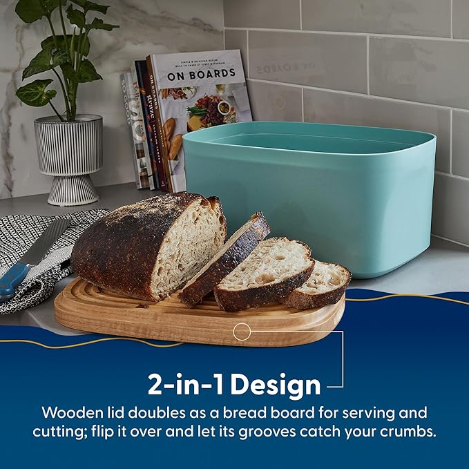 Sonder Los Angeles Union Large Bread Box | Fits Full Sourdough Loaves and More | Breadbox with Cutting Board | Homemade Bread Bin Storage Container | 14.25x9.25x7 in | Blue Green