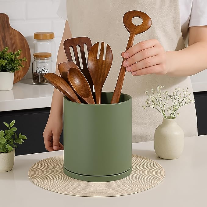 D'vine Dev 360° Rotating Utensil Holder – 7.2" Kitchen Utensil Crock for Countertop, Modern Cooking Tool Organizer for Kitchen Storage & Décor, Olive, 72-X-C-2