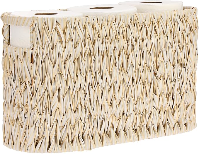 Sumnacon Toilet Paper Storage Basket Freestanding, Woven Toilet Paper Holder Stand with Handle, Decorative Narrow Bathroom Baskets Sturdy Plastic Organizer Bin for Tissue Rolls, Toiletries, Towels