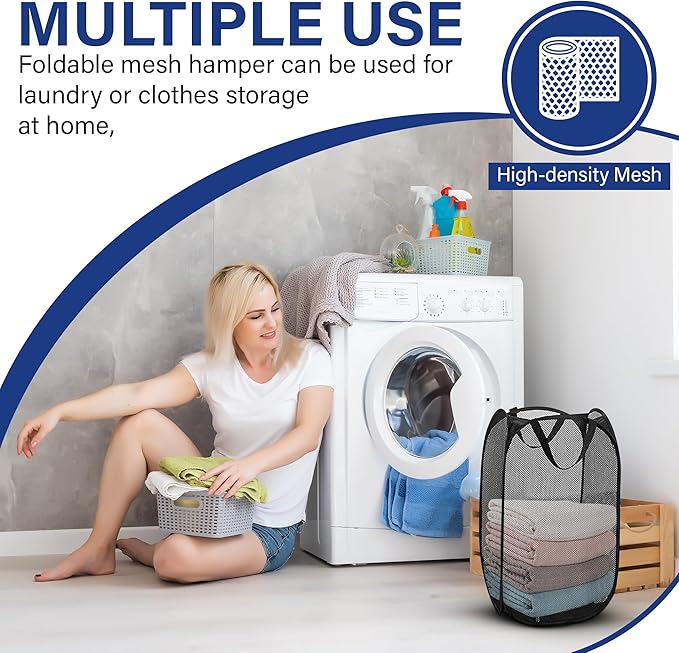 DecorRack 1 Pack Mesh Pop Up Laundry Hamper, Lightweight Foldable Clothes Basket with Easy Carry Handles, Durable Mesh Design for Air Circulation and Simple Storage, Black (1 Pack)