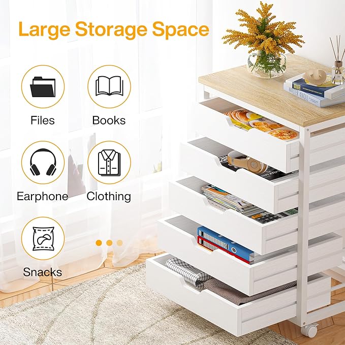 Tribesigns 5-Drawer File Cabinet, Wood Mobile Storage Drawer Unit, Modern Office Cabinet with Drawers & Wheels, Rolling Printer Stand for Home Office (White)
