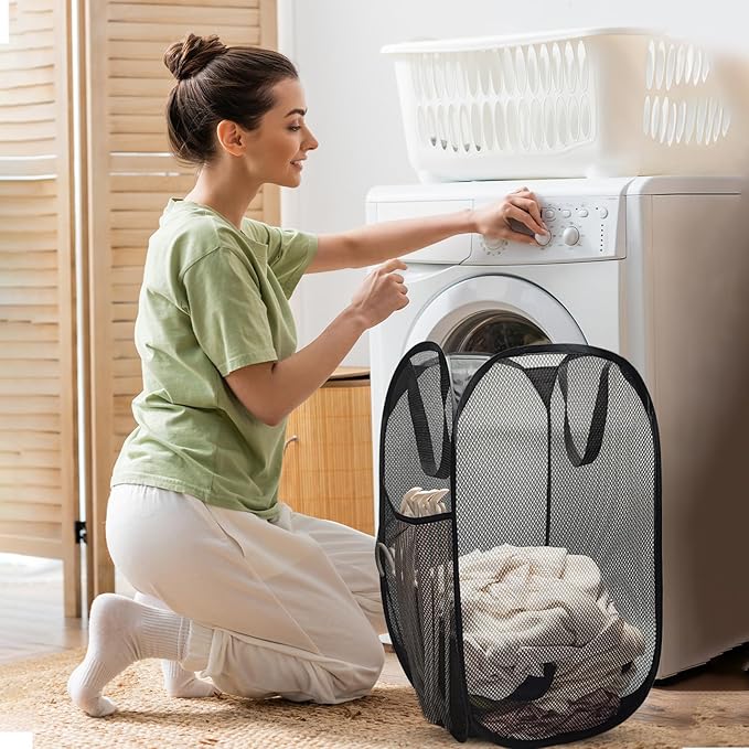 The upgraded pop-up laundry basket features a breathable side pocket mesh design, making it ideal for rooms, apartments, dormitories, travel, business trips, and children's storage(2, Black)