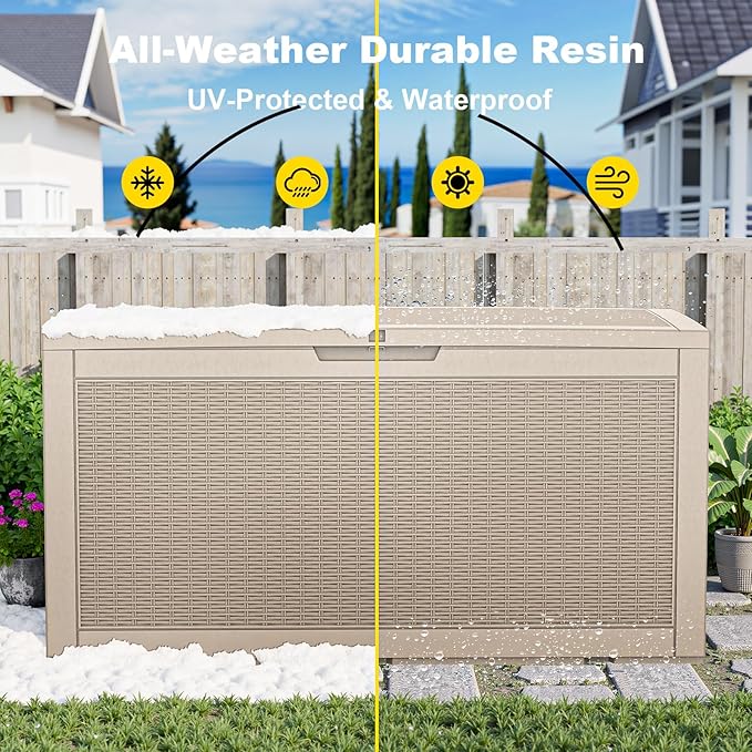 100 Gallon Outdoor Storage Box,Large Waterproof Resin Deck Box,Lockable Storage Container with Reinforced Support for Patio Cushions,Garden Tools,UV-Resistant(Grey,100Gallon)