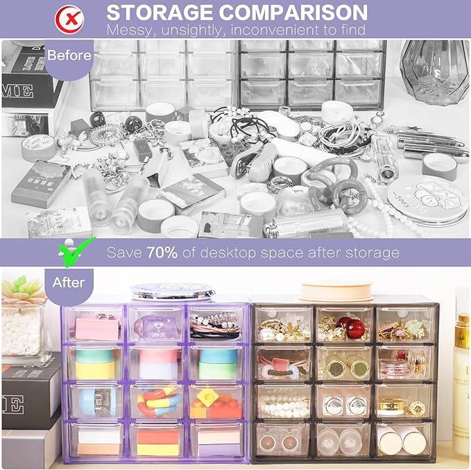 Desk Storage Organizer with 12 Mini Drawers, Clear Desktop Craft Drawer Cabinet, Stackable Storage Box Caddy for Makeup Jewelry Office Craft Supplies (Purple)