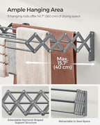 SONGMICS Clothes Drying Rack, Wall-Mounted Drying Rack Clothing, Small Accordion Laundry Rack, 9 Staggered Hanging Rods, Expandable and Retractable, Dove Gray ULLR802G01