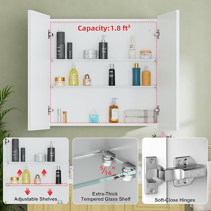 Buruis 30" x 30" Framed Medicine Cabinet with Mirror, Recessed or Wall Mounted Bathroom Cabinet, Adjustable Tempered Glass Shelves, Left/Right Open Reversible, No Assembly Required, White
