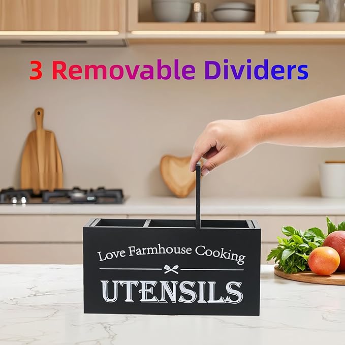 Utensil Holder, Kitchen Utensil Holder For Kitchen Counter,Large Cooking Spatula Organizer,Farmhouse Wooden Big Storage With 3 Compartments Rustic Flatware Spoon Tool Organizer （Black）