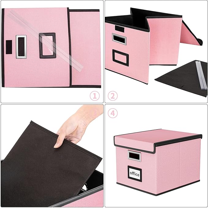 Huolewa File Organizer Box with Lid, Collapsible File Folder Organizer for Office Document Storage, Filing Box with Plastic Slide for Letter Size Hanging File Folders(1 Pack, Pink)