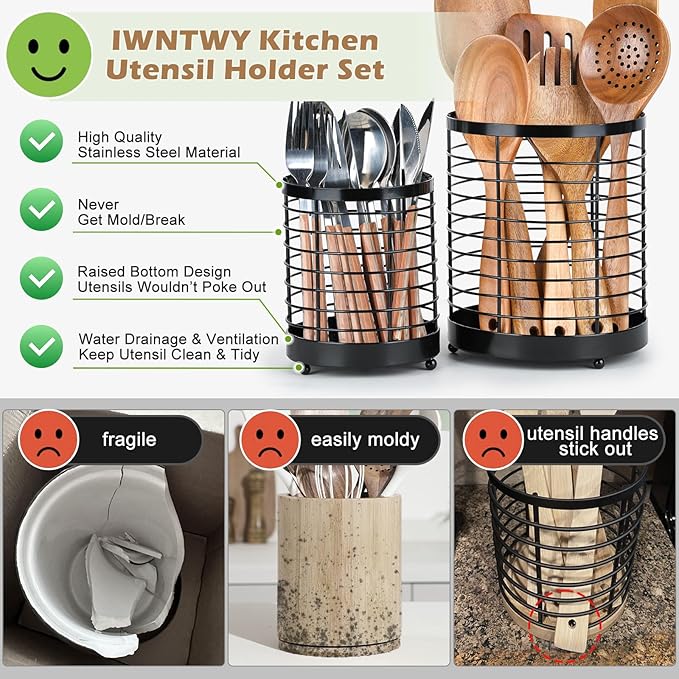 Utensil Holder, 7.7"+6" Stainless Steel Utensil Holder for Kitchen Counter, Cooking Tools Spatula, Silverware Forks, Knives, Spoons Utensil Crocks Organizer Drying Rack, Set of 2