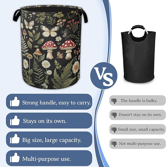 Red Mushroom Laundry Basket,Foldable Oxford Cloth Butterfly Plant Herb Laundry Hamper With Handle, 20.8"x16" Portable Clothes Storage Basket Bag for Laundry Room/Bathroom/Bedroom/Dormitories