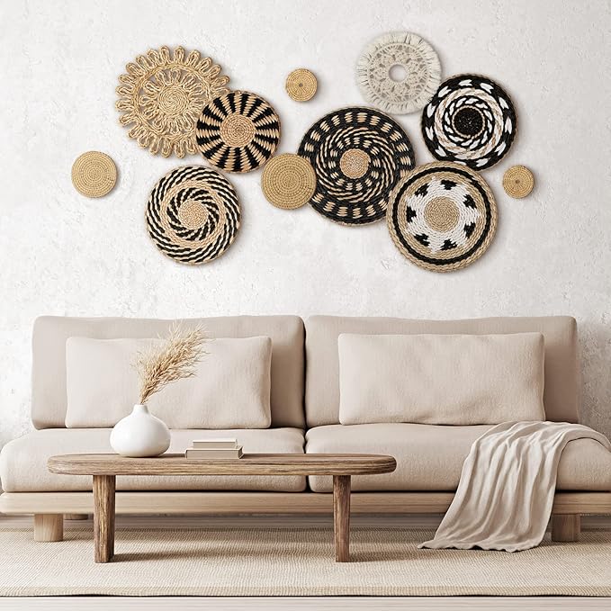 Tatuo 11 Pcs Boho Wall Basket Decor Decorative Bulrush Woven Basket Wall Decor Art Round Farmhouse Hanging Baskets for Kitchen Rustic Home Summer Decorations, Multi Sizes(Boho)