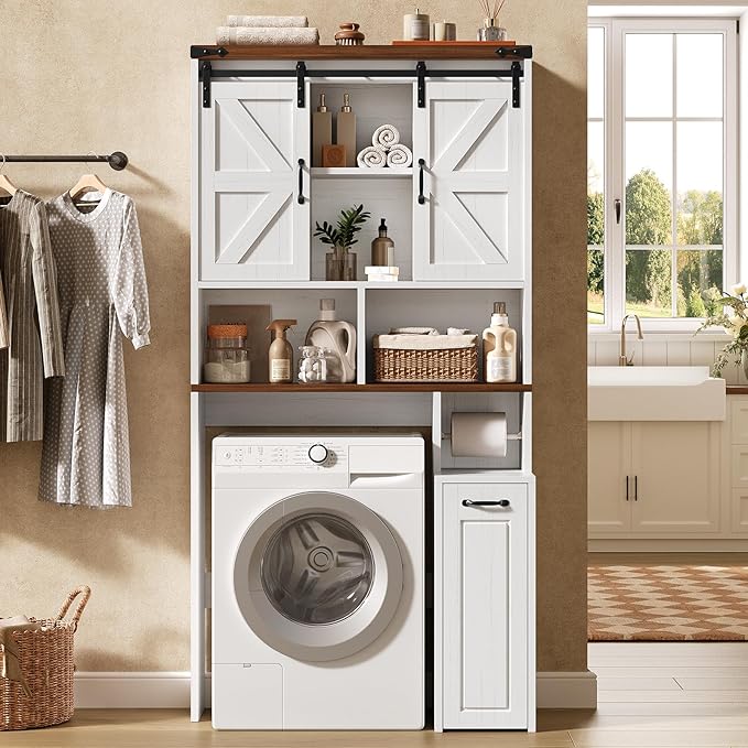 Farmhouse Over The Toilet Storage Cabinet with Pulley, Slide Barn Doors Bathroom Storage Cabinet, Space Saver W/Adjustable Shelf & Open Shelf for Bathroom, Restroom, Laundry (White Brown-Type A)