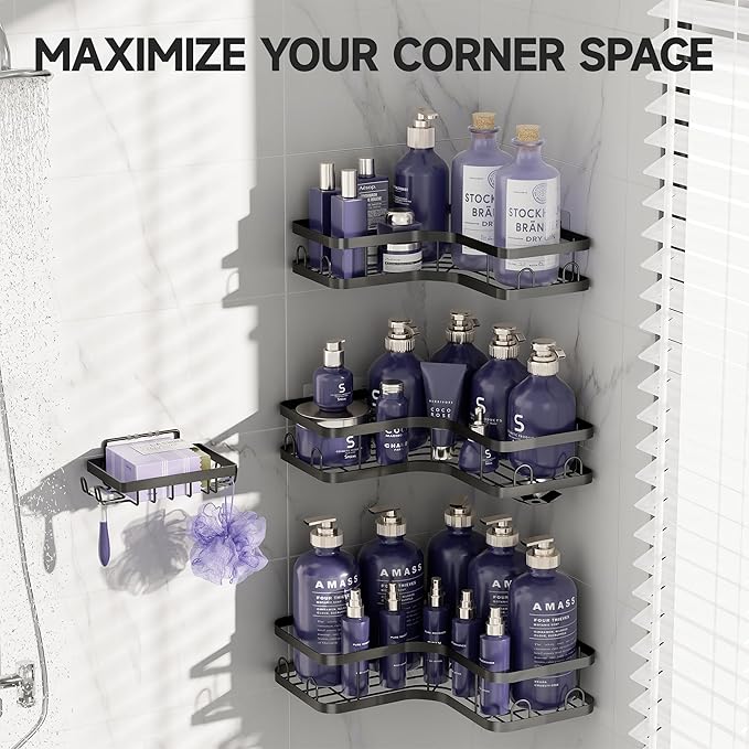 Veken Corner Adhesive Shower Caddy 4-Pack with Soap Holder&Hooks,No Drilling Shower Shelves,Rustproof & Waterproof Bathroom Organizers and Storage,Rack for Small Spaces, Kitchen&Rental-Friendly,Black