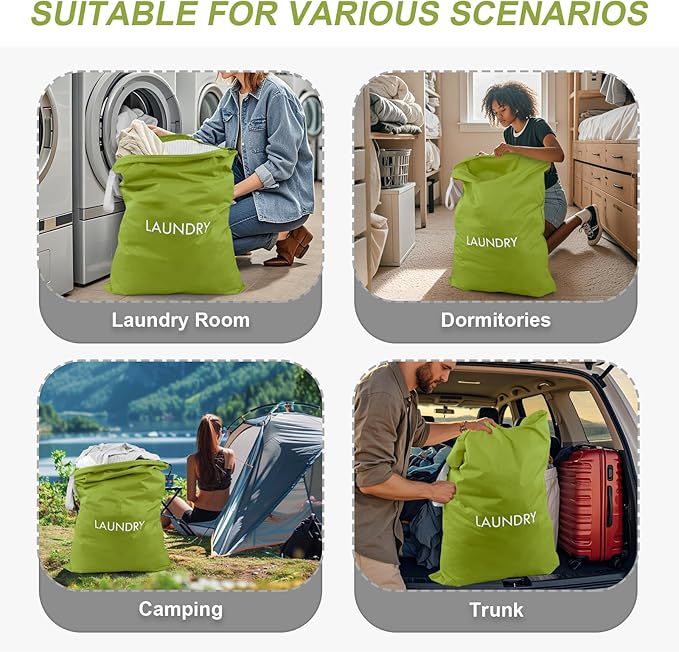 WiseBoy Laundry Bag, 23.6x35 inch Oversized Laundry Bags, Travel Laundry Bag Dirty Clothes Organizer, Nylon Wet Dry Storage Bag for College Dorm, Camping, Caravan, Green