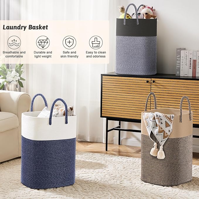 Laundry Basket,Woven Cotton Rope Laundry Hamper,Versatile Storage for Dirty Clothes,Baby Toys,and Blankets in Bathroom, Nursery,and Living Room (Jute, 100L)