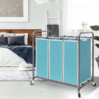 STORAGE MANIAC 3 Section Laundry Sorter, 35.9 Gal (136 L) Laundry Hamper Cart with Heavy Duty Rolling Lockable Wheels and Removable Bags, Clothes Organizer Basket Clothes Separator Hamper, Blue