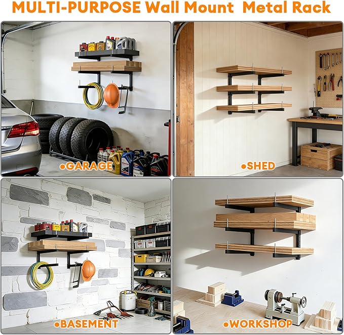 Lumber Storage Rack Wall Mount - Wood Storage Racks Heavy Duty Metal Shelf Wall Mount Wood Organizer Racks for Shed, Workshop, Garage, Basement, Wall Storage Racks - Indoor & Outdoor Use