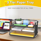 3-Tier Paper Letter Organizer Tray with Handle, Mesh Desk File Organizer for Office, Home, School - 2 Pack, Black