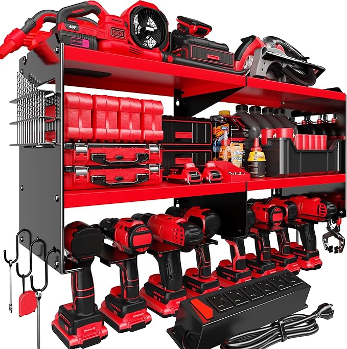 Power Tool Organizer Wall Mount with Charging Station, 15 Min Assembly & Maximum 420lbs Load by Heavy Duty Metal, 8 Slots for Cordless Drill, Tool Battery Holder with 6 Outlet Power Strip