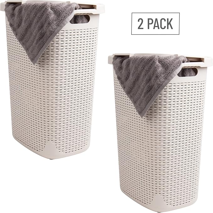 Mind Reader Slim Laundry Hamper with Lid, 60L Tall Clothes Basket, Narrow Tapered Design for Bathrooms, Closets and Laundry Rooms, Plastic, 2 Pack, Ivory