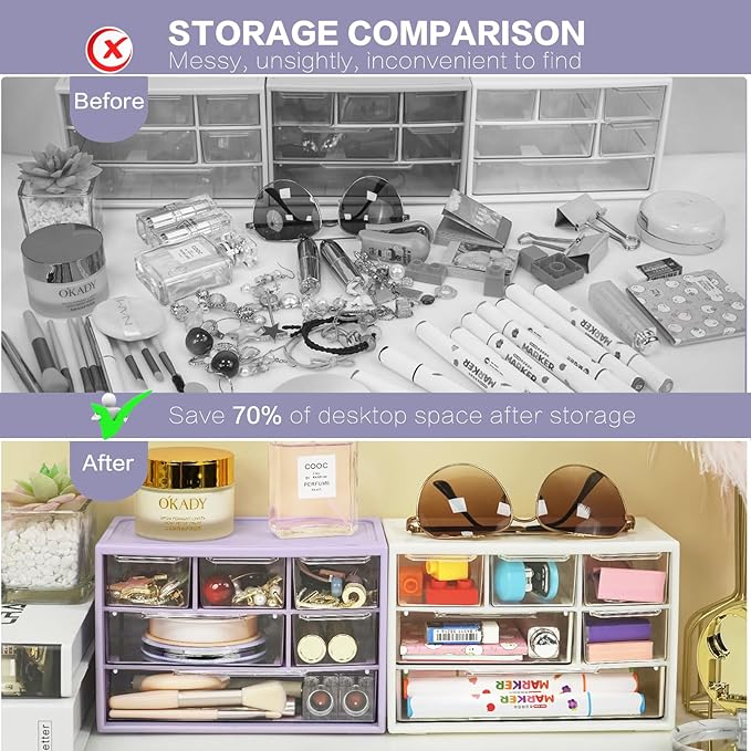 Desk Storage Organizer with 6 Mini Drawers, FODIENS Stackable Desktop Craft Drawer Cabinet, Clear Storage Box Caddy for Makeup Jewelry Office Craft Supplies (Purple)