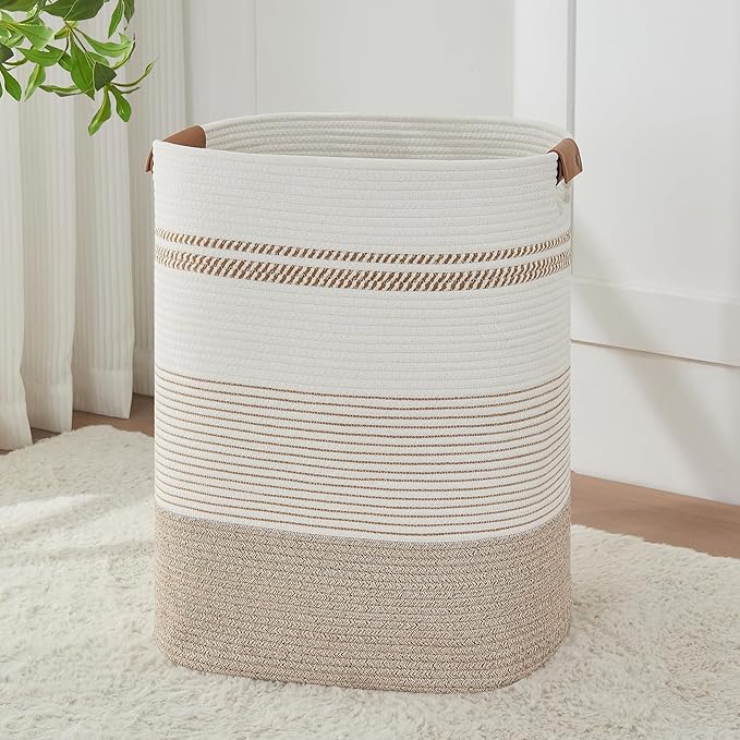 Laundry Basket with Handles - Blanket Basket & Hampers for Bedroom Aesthetic, Laundry Hamper & Blanket Storage for Living Room, Clothes Hamper, Tall, Large 17" x 14" x 22”, Light Brown & White