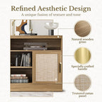 Rattan File Cabinet with Door, 32'' Lateral File Cabinet with Open Adjustable Shelves, Wood Filing Cabinet with Sliding Door for Home Office, Natural Oak