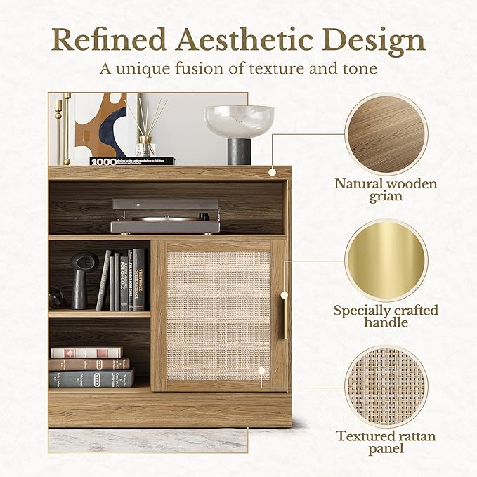Rattan File Cabinet with Door, 32'' Lateral File Cabinet with Open Adjustable Shelves, Wood Filing Cabinet with Sliding Door for Home Office, Natural Oak