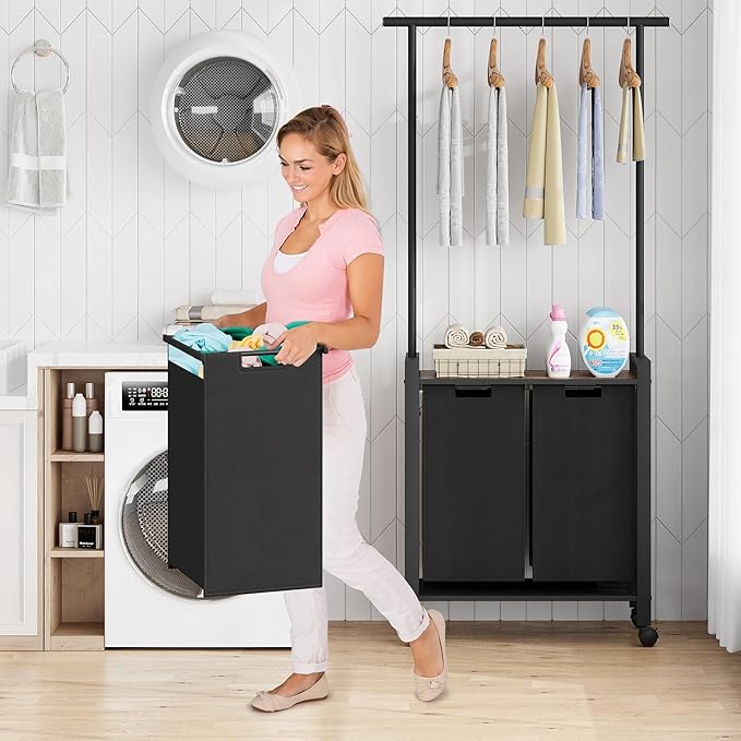 Laundry Sorter, Rolling Laundry Hamper 2-Section with Hanging Rack & Wheels,Laundry Basket Organizer for Laundry Room, Rustic Brown