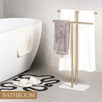 Free Standing Towel Rack for Bathroom - Satin Gold Finish - Stand Alone 2 Tier Stainless Steel Towel Rack for Bathroom Floor with Heavy Marble Base, Double T Shape Drying Stand for Towels