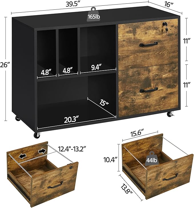 Yaheetech File Cabinets Large Rolling Filing Cabinet Printer Stand on Wheels for Home Office,with 4 Open Storage Shelves,Letter Size A4 Size,Black/Rustic Brown