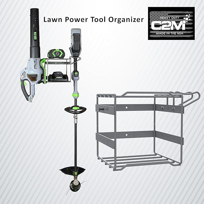 c2M Lawn Power Tool Organizer Wall Mount Rack Hanger for Leaf Blower (now compatible with EGO 530) and String Trimmer Weed Eater