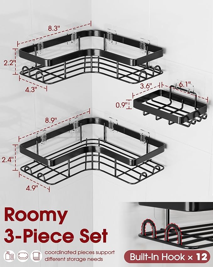 Corner Shower Caddy - 3-Pack Shower Organizer with Soap Holder & Built-In Hooks, Rustproof Metal Shower Shelves, Laundry, Kitchen, Bathroom Organizers and Storage Solution, Large, Black